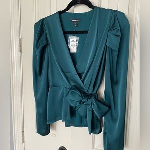 NYT Express green peplum waist tie top